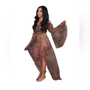 House of Chic Leopard/Cheetah Print Mesh Maxi Dress with Slit - Size Small